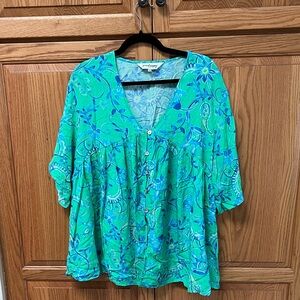 Proud Poppy Floral Women's Blouse in Green and Blue, EUC, Size 14 US